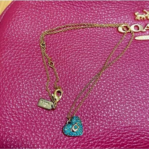 COACH Heart w/Turquoise Crystals & Signature "C" Pendant on 16" Necklace, EUC - Picture 2 of 4